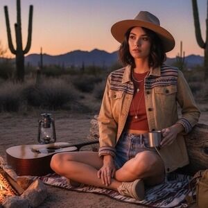 VTG Y2K Denim Jacket Southwest Aztec Small Mustard Yellow Western Cowboy Arizona